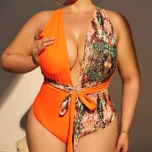 SHEIN Snakeskin Print Plunge Neck Criss Cross One Piece Swimsuit